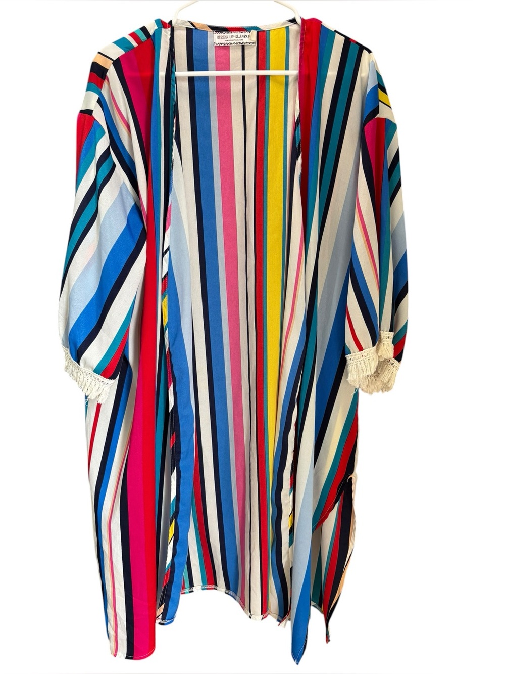 Giddy Up Glamour Women's Multicolor Striped Duster Fringe Sleeves Size XL/2XL